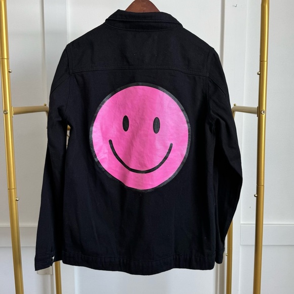 Fantastic Fawn Over Sized Frayed Black Denim Jacket Pink Smiley Face W Sz S - Picture 1 of 6